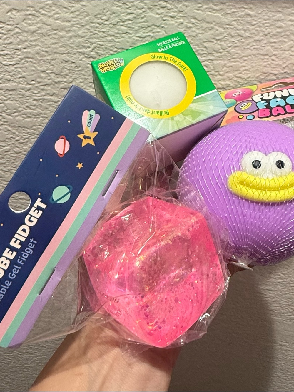 Bundle of 3 squishies. Funny Face Ball, Glow in the dark Ball & Cube Fidget. New